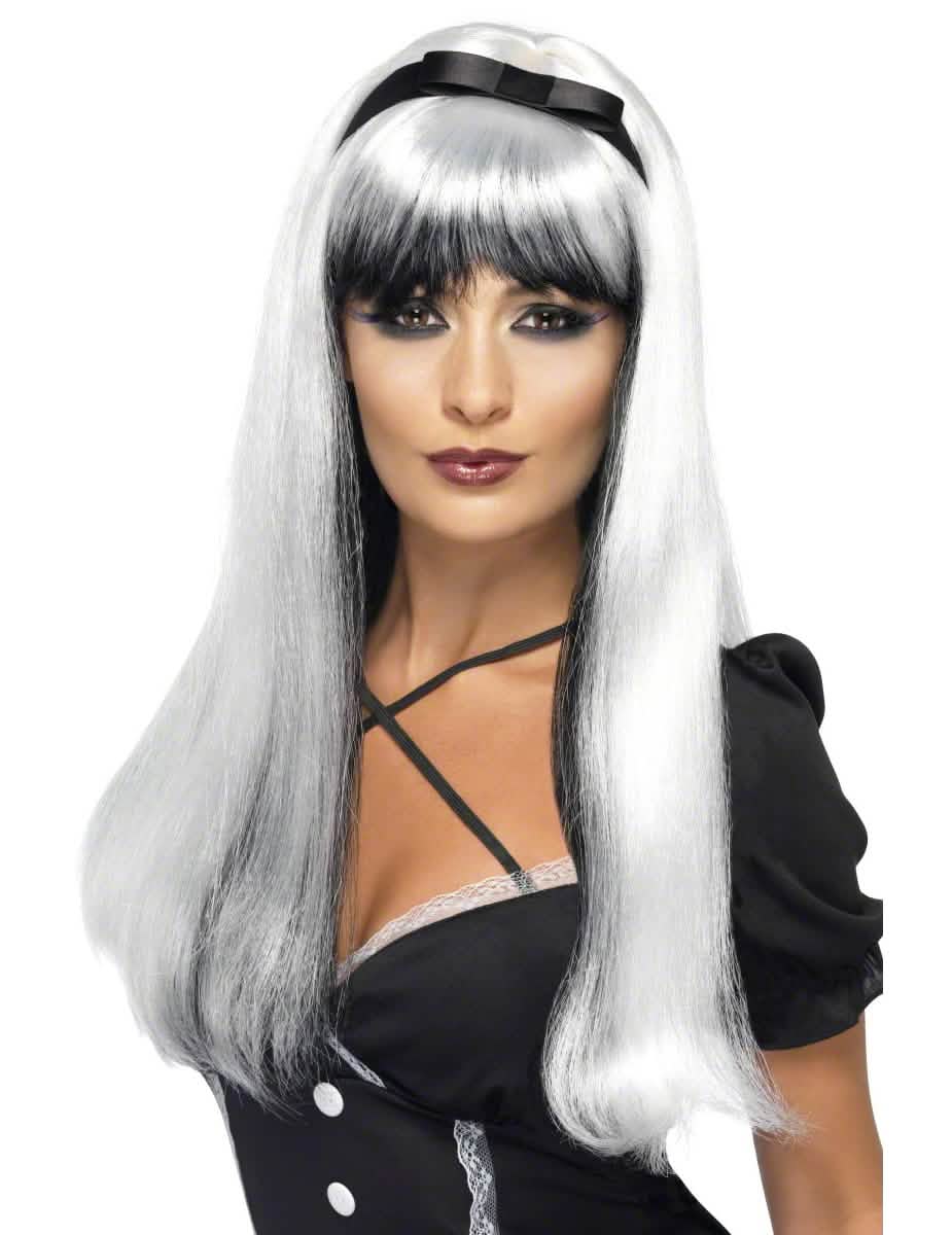Peluca blanca y negra con lazo negro para mujer bicolor larga con flequillo