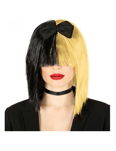 Perruque chanteuse pop pour adulte bicolore noire et blonde avec nœud noir