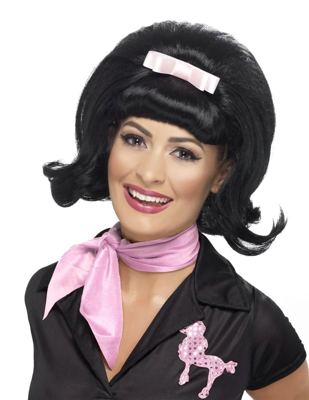 Peluca años 50 para mujer negra con lazo rosa