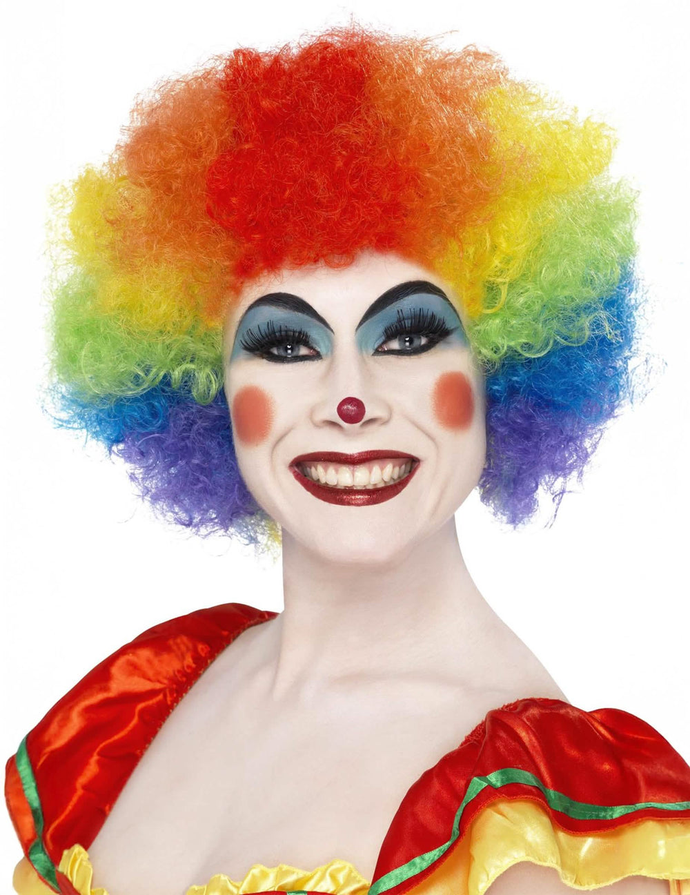 Gros plan sur le rendu porté de la perruque de clown pour adulte