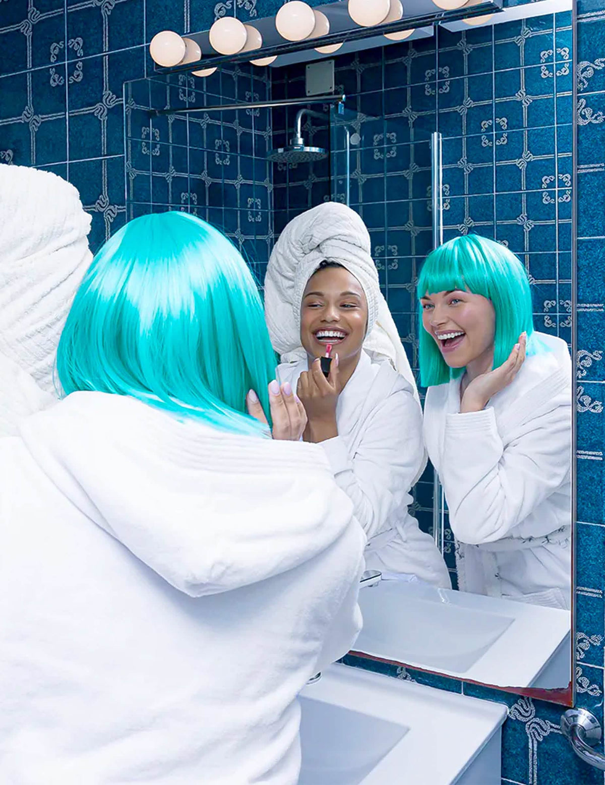Peluca de corte bob azul turquesa de lujo para mujer