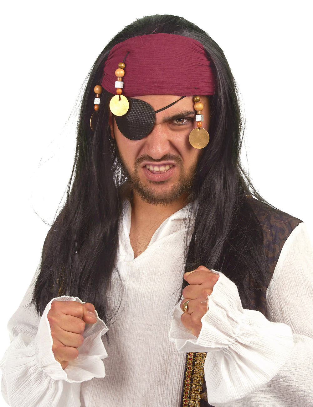 Perruque de pirate pour adulte noire avec bandana bordeaux et cache-œil