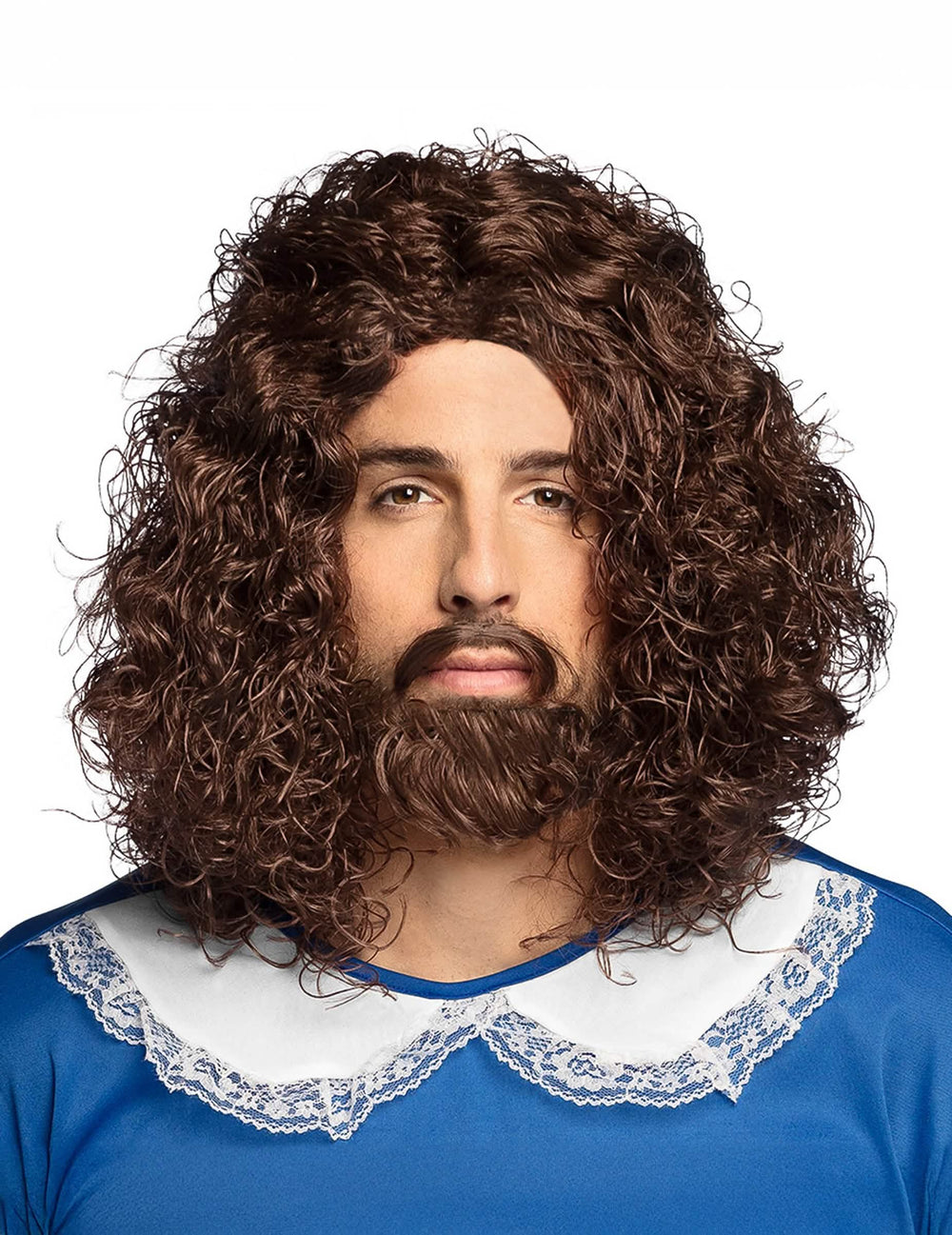 Peluca y bigote de mosquetero para hombre castaño rizado