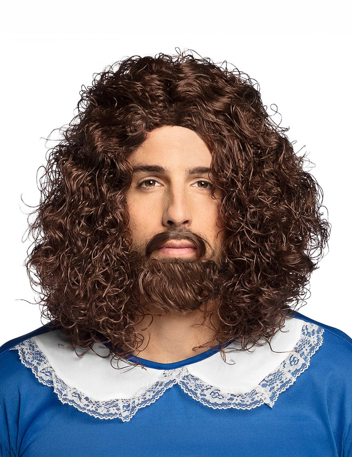 Peluca y bigote de mosquetero para hombre castaño rizado