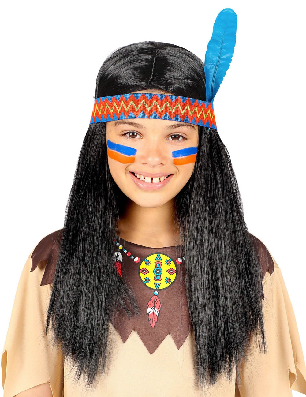 Peluca de indio con cinta y pluma para niño negra con pluma azul