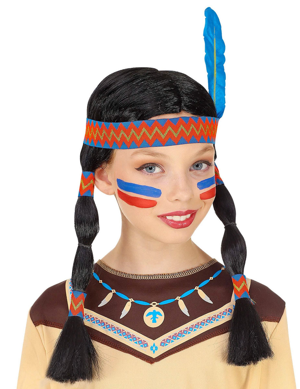 Peluca india con diadema y pluma para niño negra con pluma azul