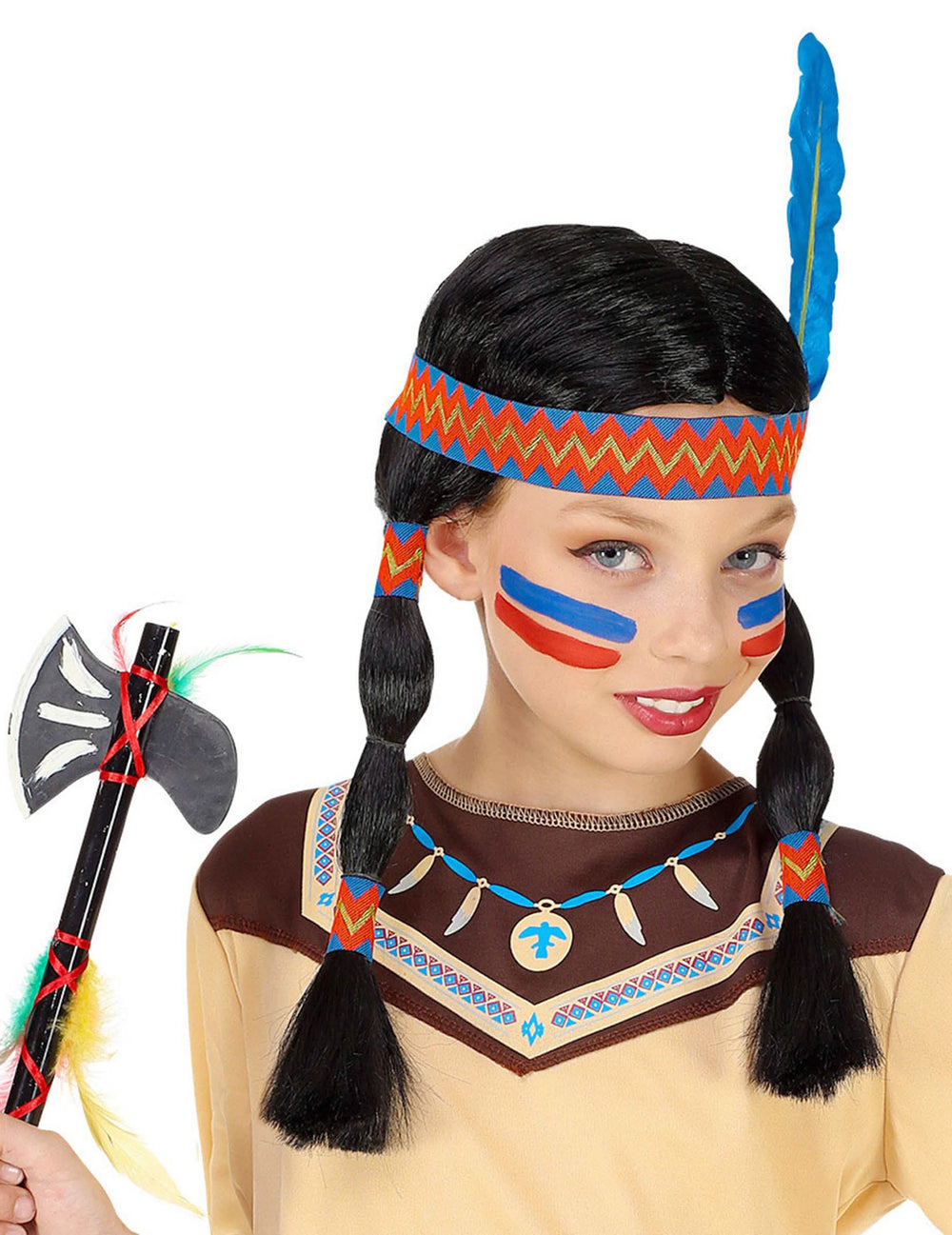 Primer plano de las trenzas y la diadema de la peluca india con diadema y pluma