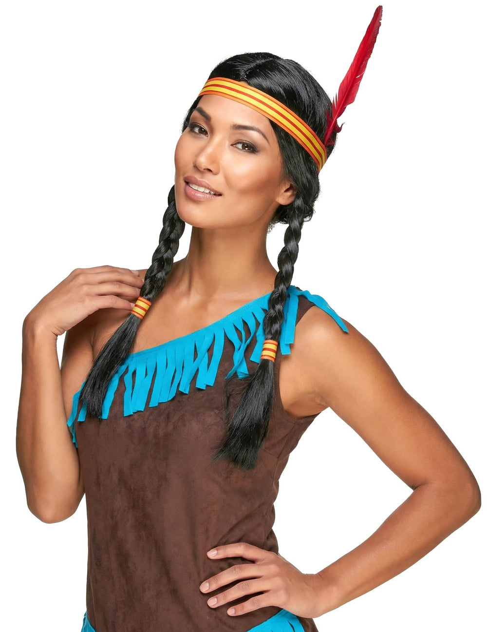 Peluca india con pluma para mujer negra con trenzas, con cinta rayada y pluma roja