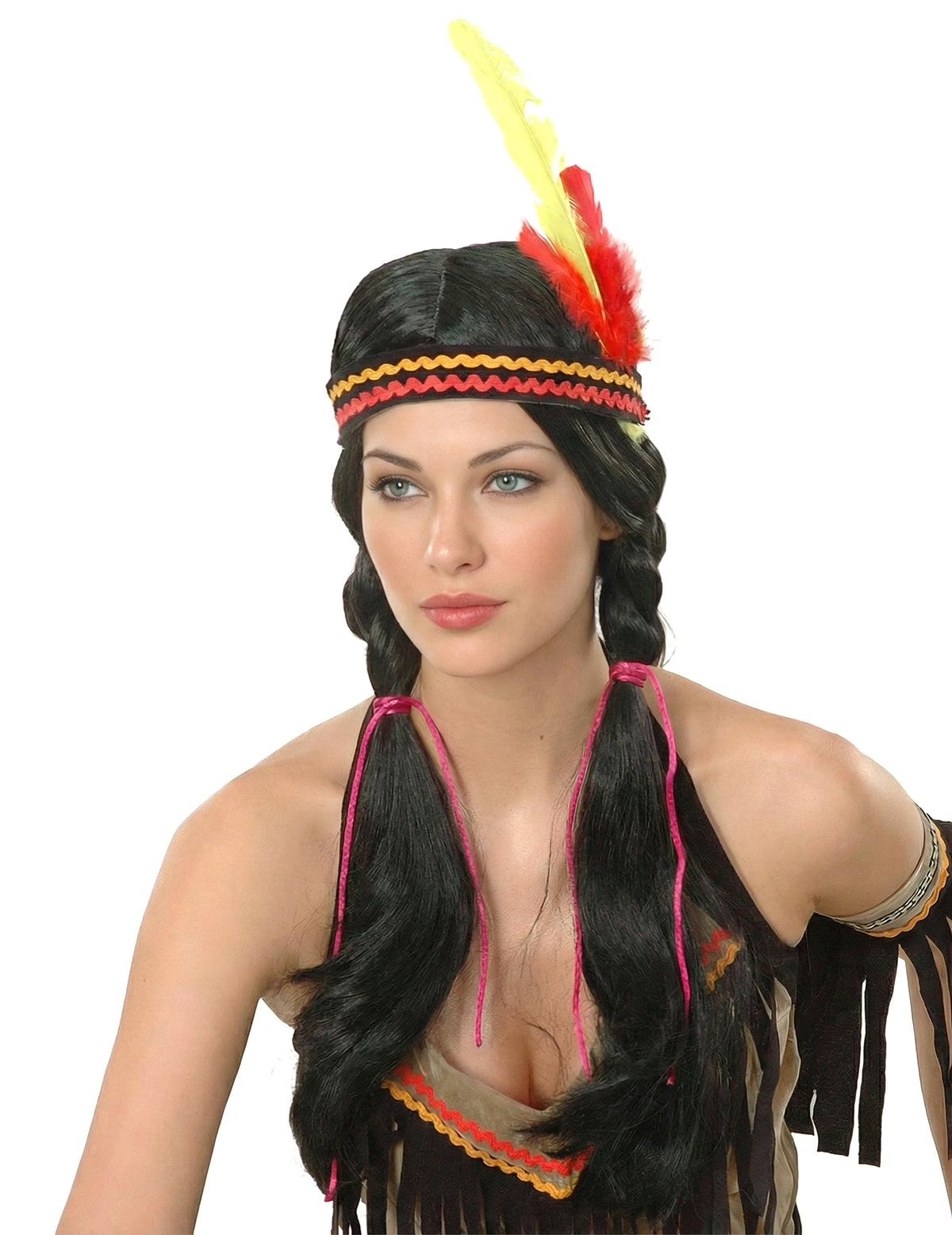 Perruque indienne pour femme noire avec tresses et bandeau à plumes