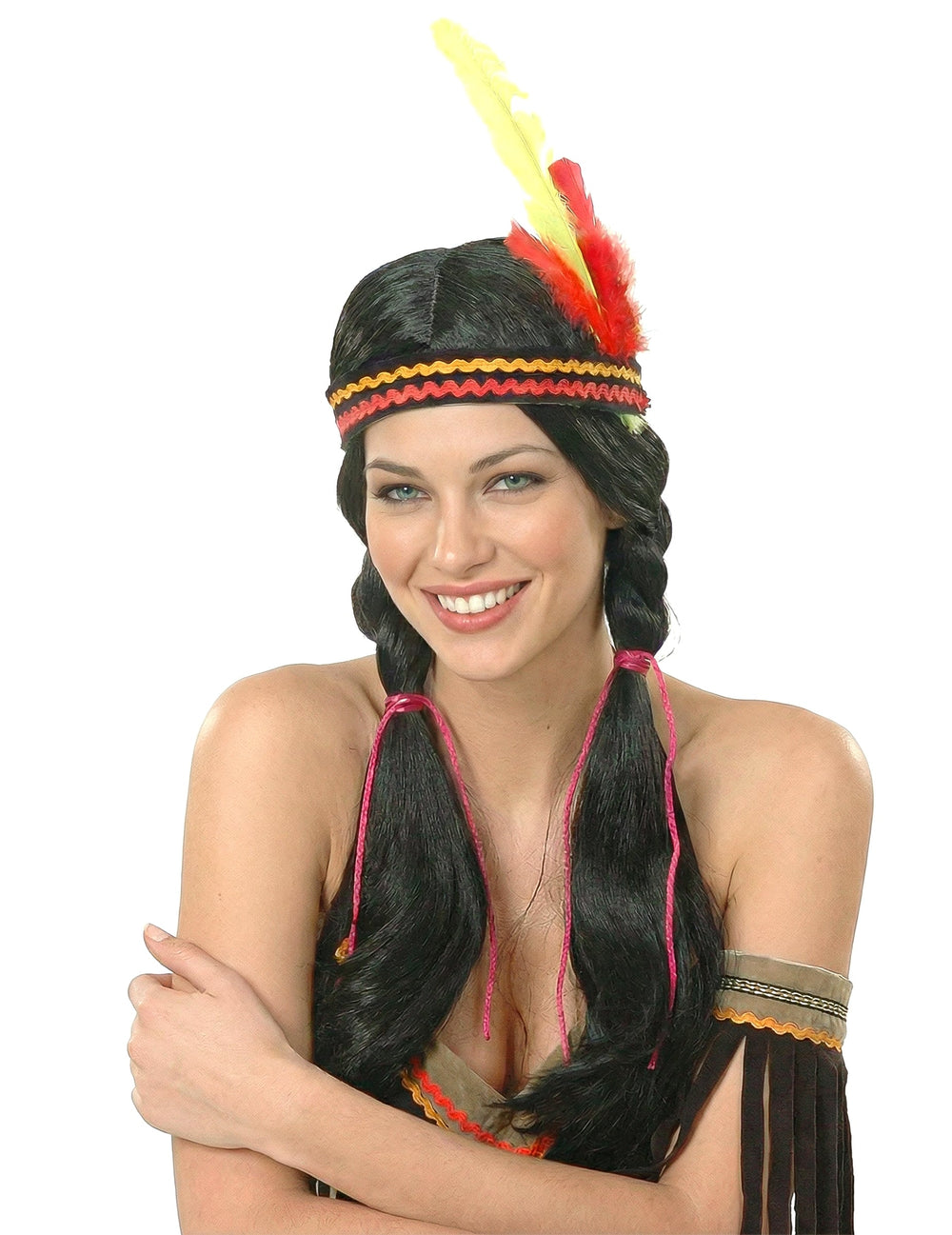 Perruque longue indienne pour femme noire avec tresses et plumes