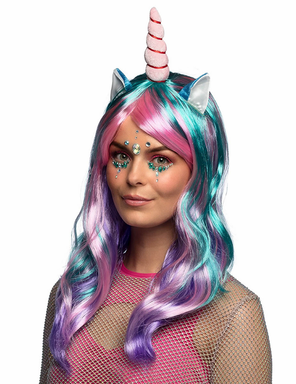 Peluca larga de unicornio de los sueños para mujer multicolor rosa azul y violeta con cuerno y orejas