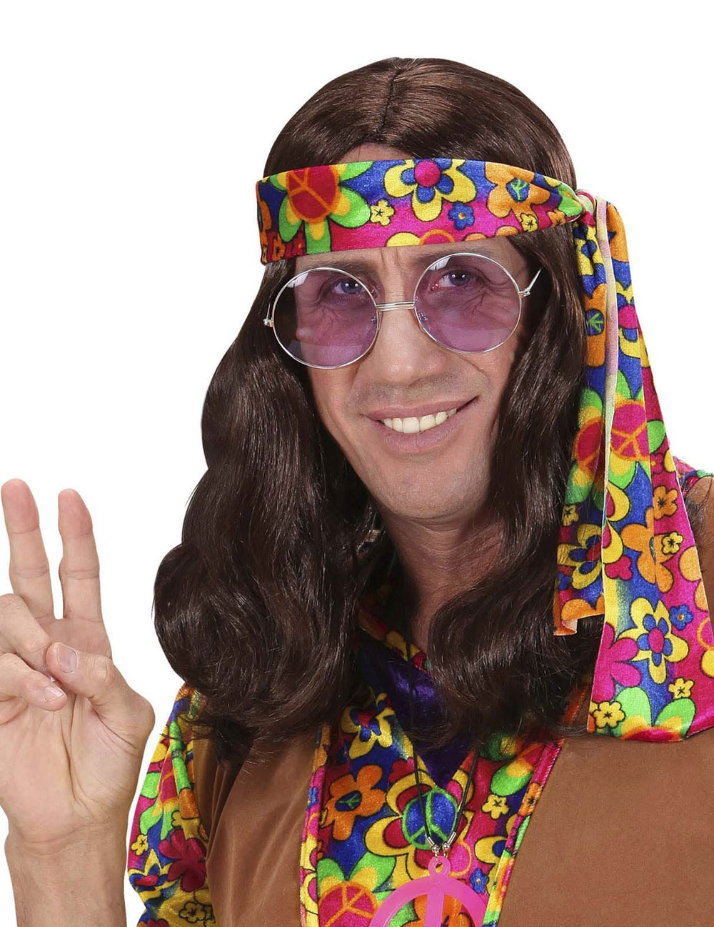 Peluca hippie para adulto marrón con diadema de flores de colores
