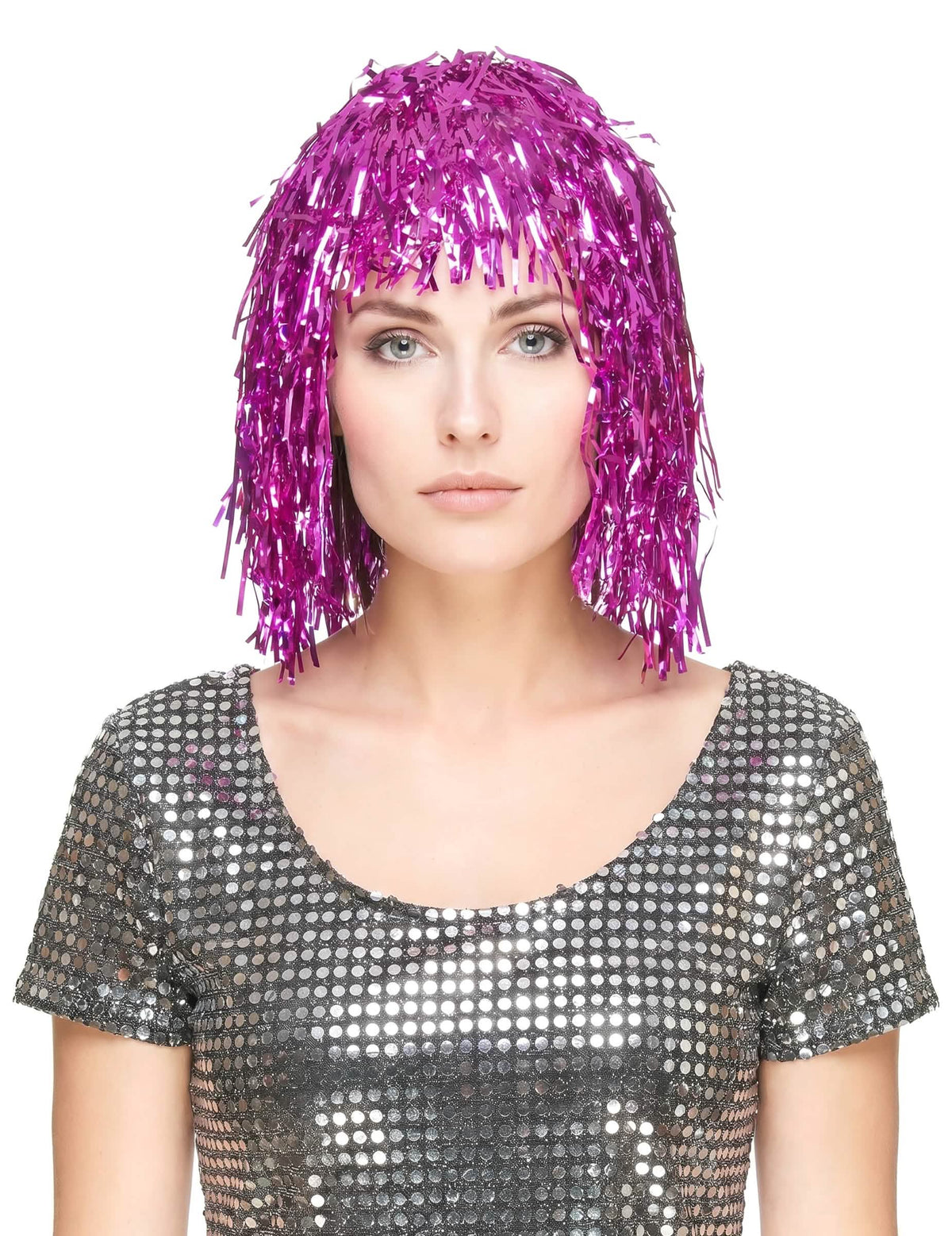 Peluca metálica fucsia para mujer