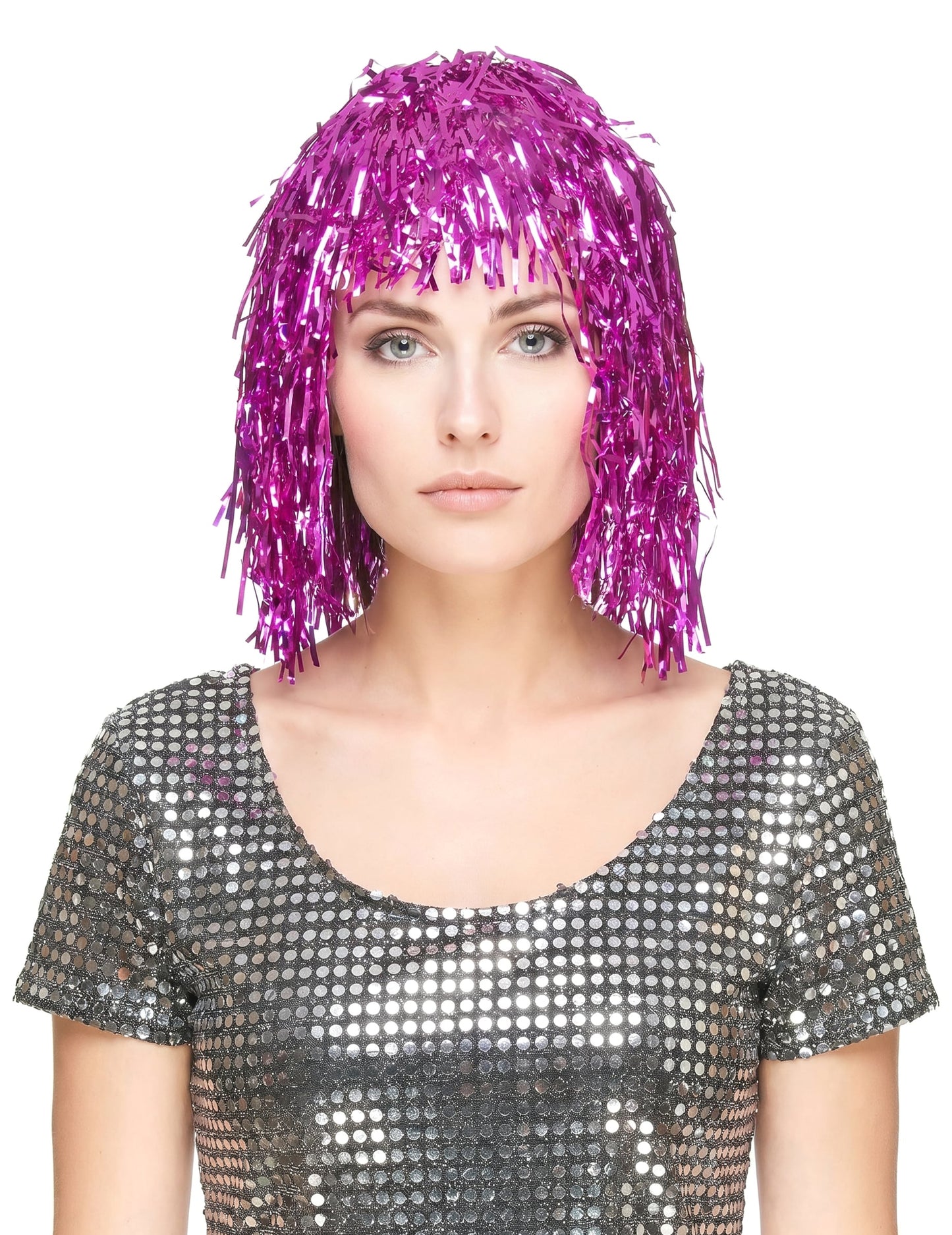 Peluca metálica fucsia para mujer