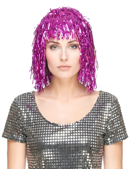 Peluca metálica fucsia para mujer