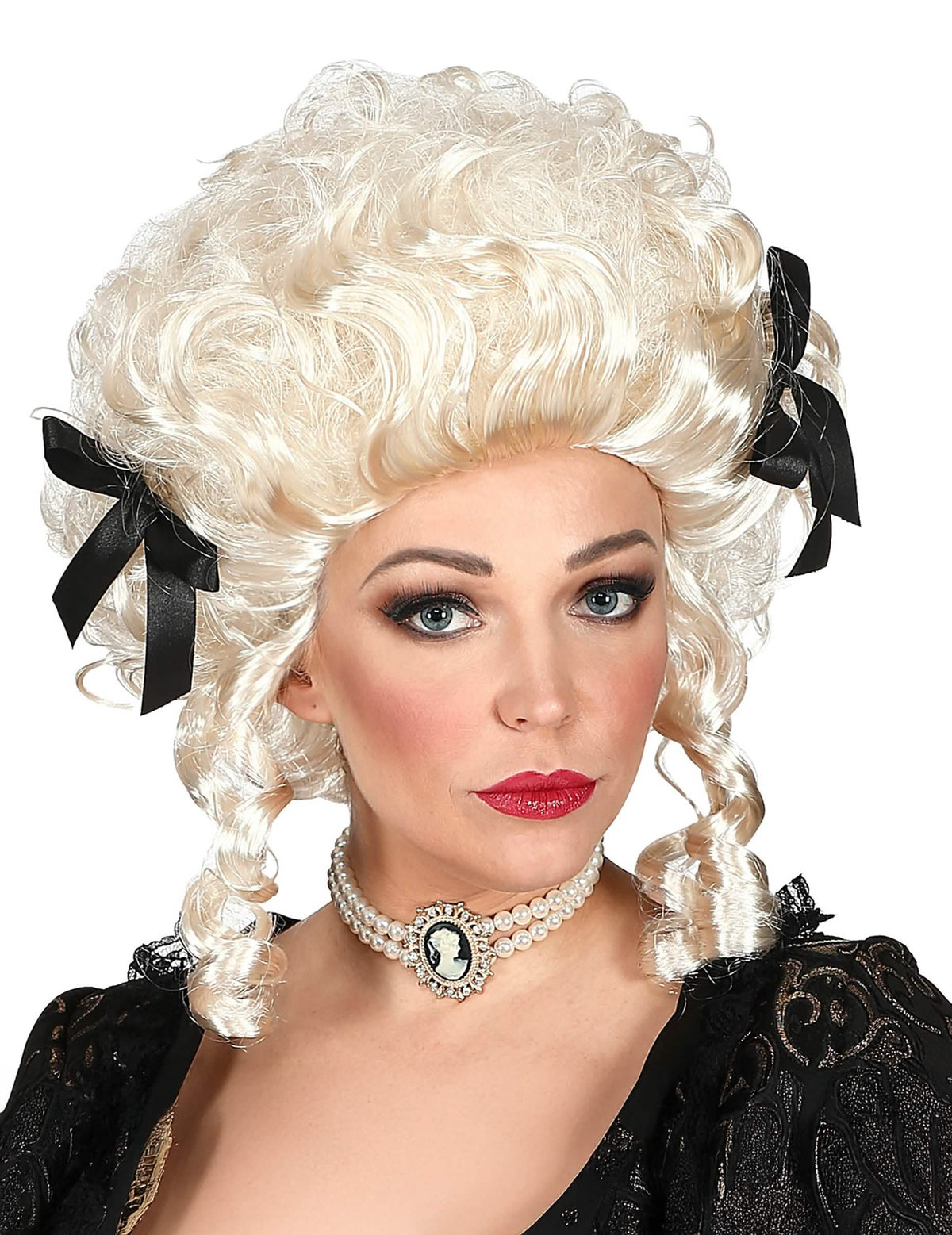 Peluca noble para mujer rubia con rizos y lazos negros