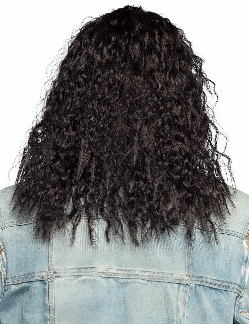 Vista trasera de la peluca para hombre negra, larga y rizada