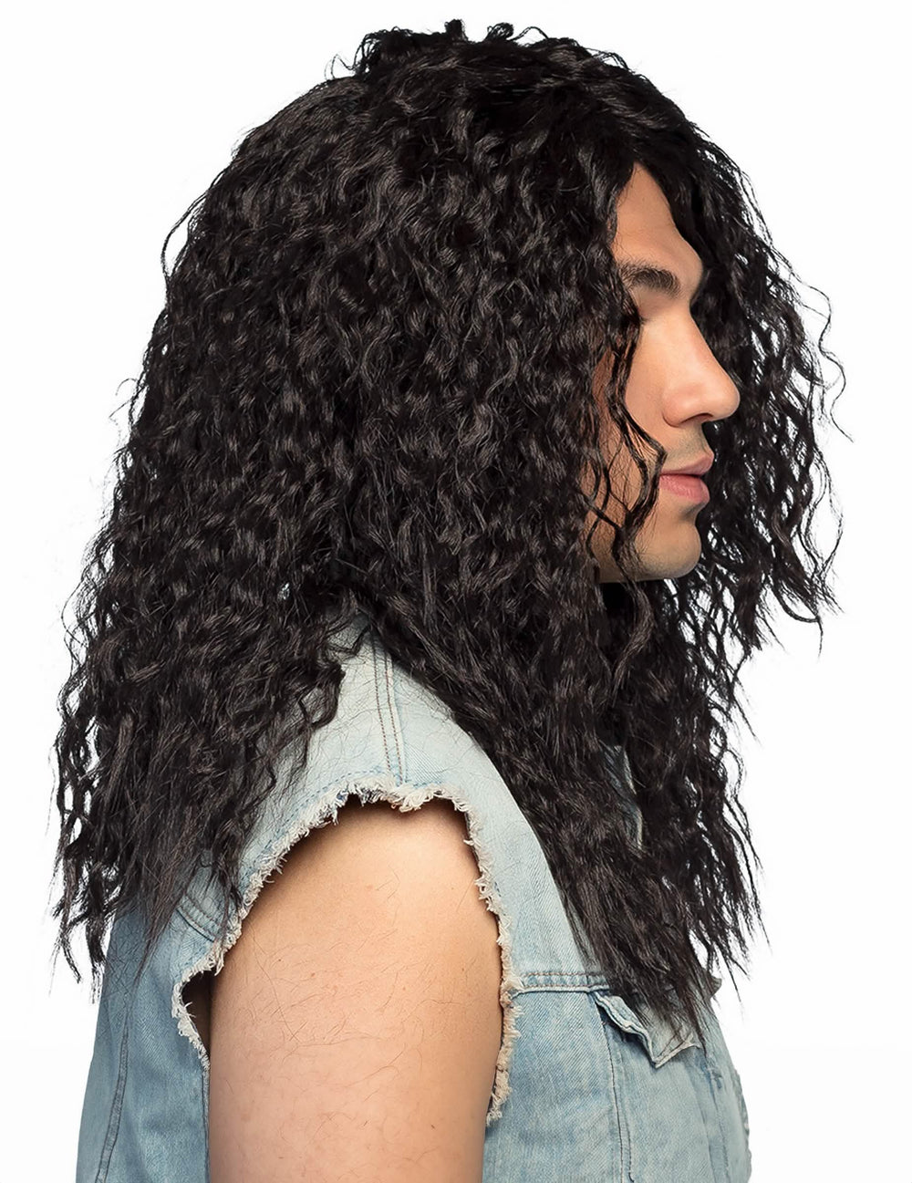 Vista de perfil de la peluca para hombre negra, larga y rizada