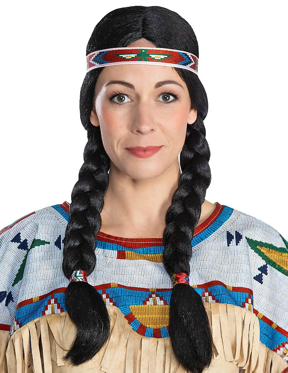 Peluca Nscho Tschi™ para adulto negra con dos trenzas y diadema con estampado
