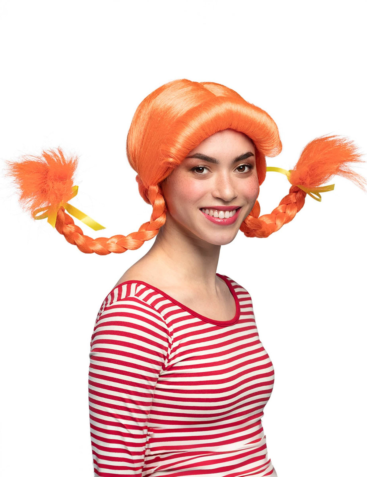 Perruque orange pour femme avec tresses dressées et rubans jaunes