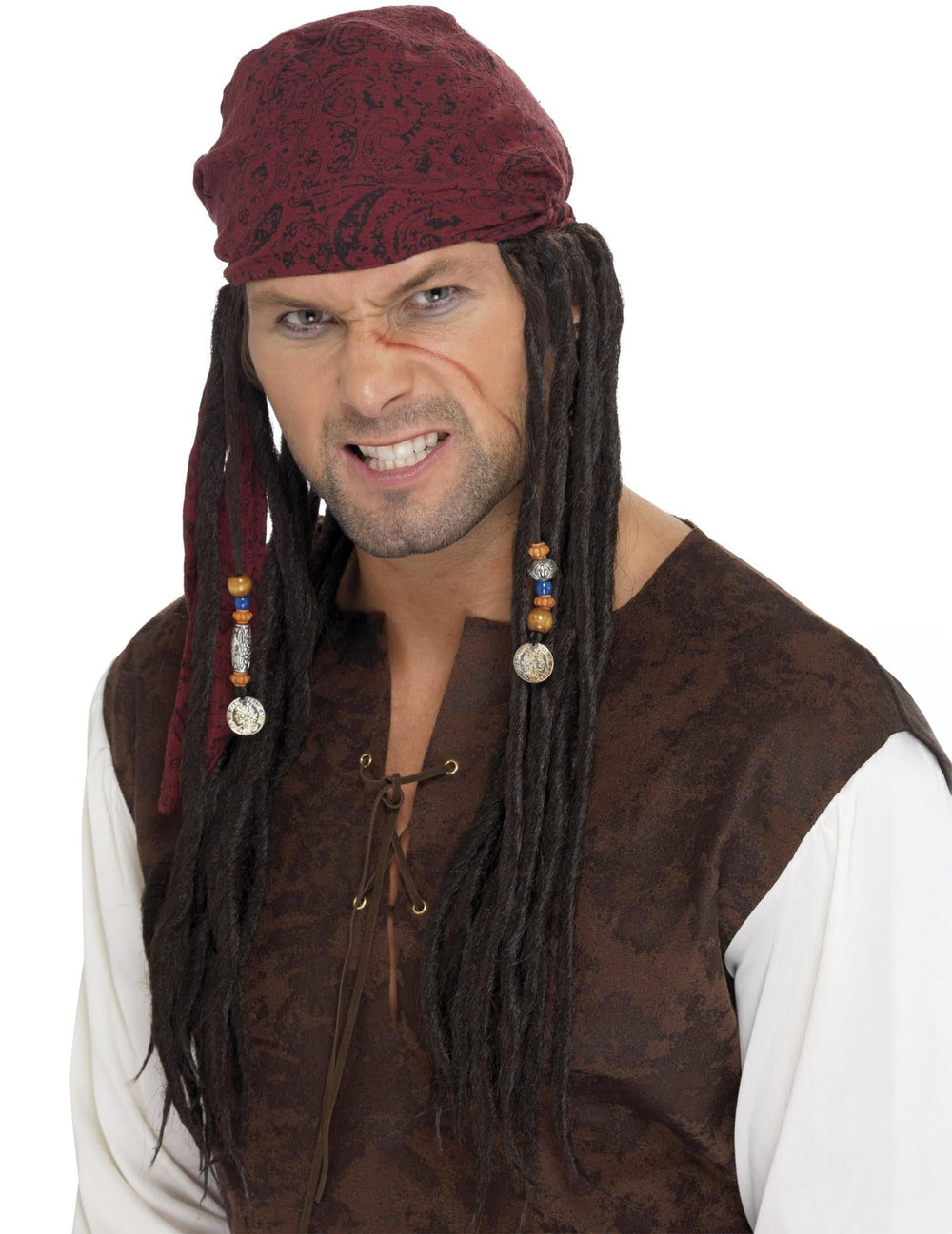 Perruque pirate dreadlocks pour homme brune avec bandana bordeaux et perles