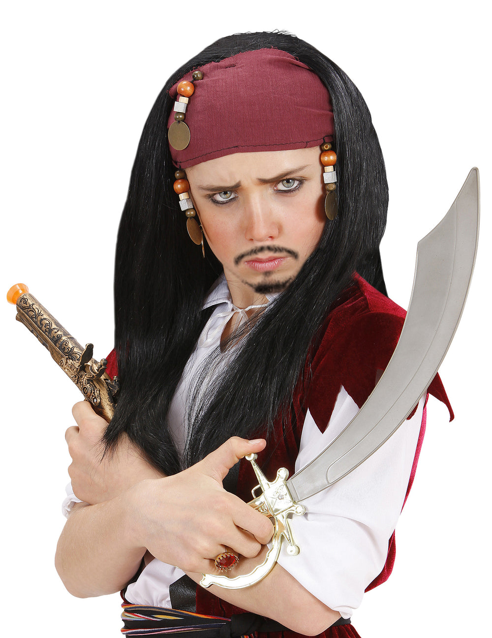 Perruque pirate pour enfant noire avec bandana bordeaux et perles