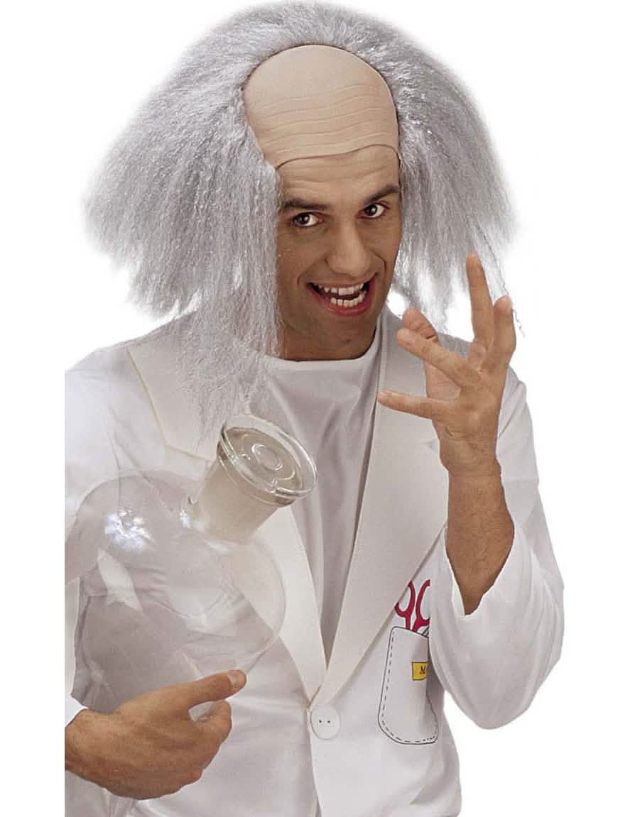 Peluca de profesor loco para adulto gris despeinada con cráneo calvo