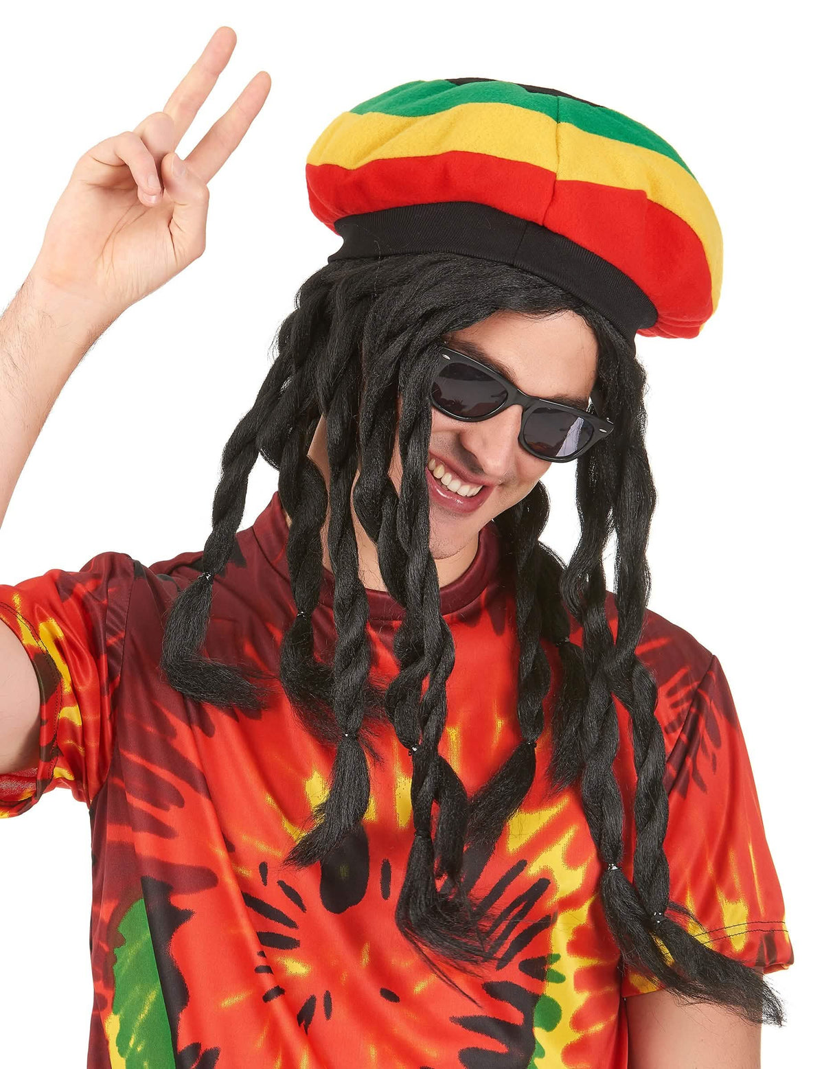 Gorro con peluca rastafari para adulto rojo amarillo verde con rastas negras