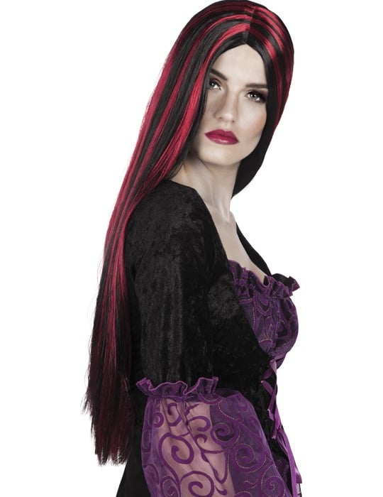 Perruque longue Halloween pour femme rouge et noire