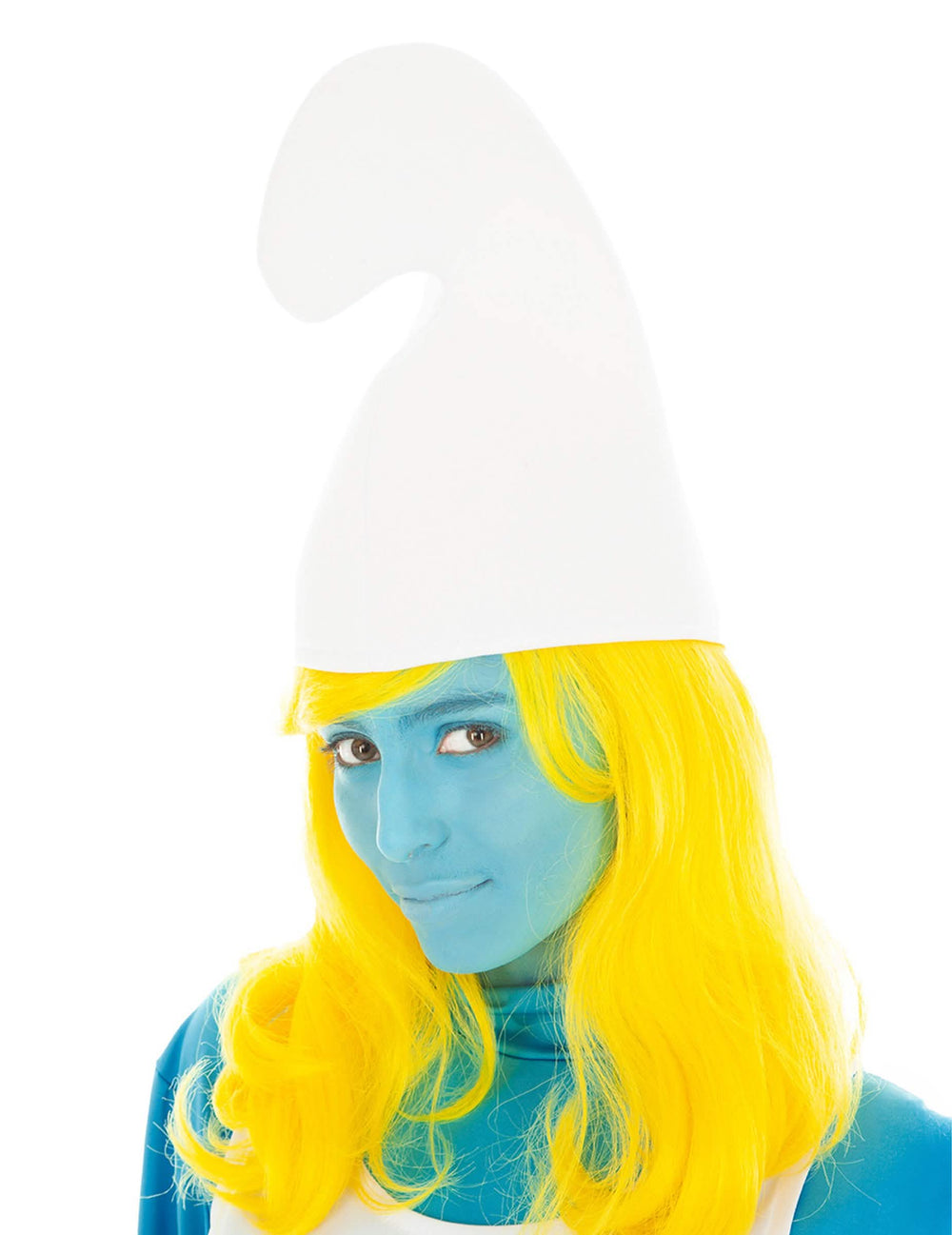Perruque Schtroumpfette pour adulte longue jaune avec bonnet blanc