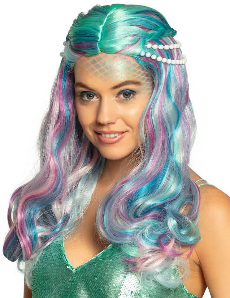 Peluca de sirenas para adulto pastel con perlas