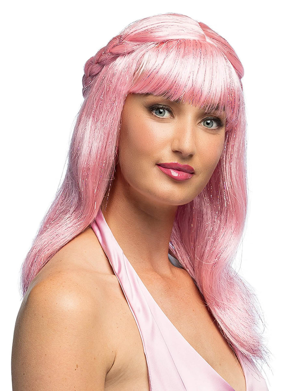 Perruque tressée pour adulte rose pâle scintillante