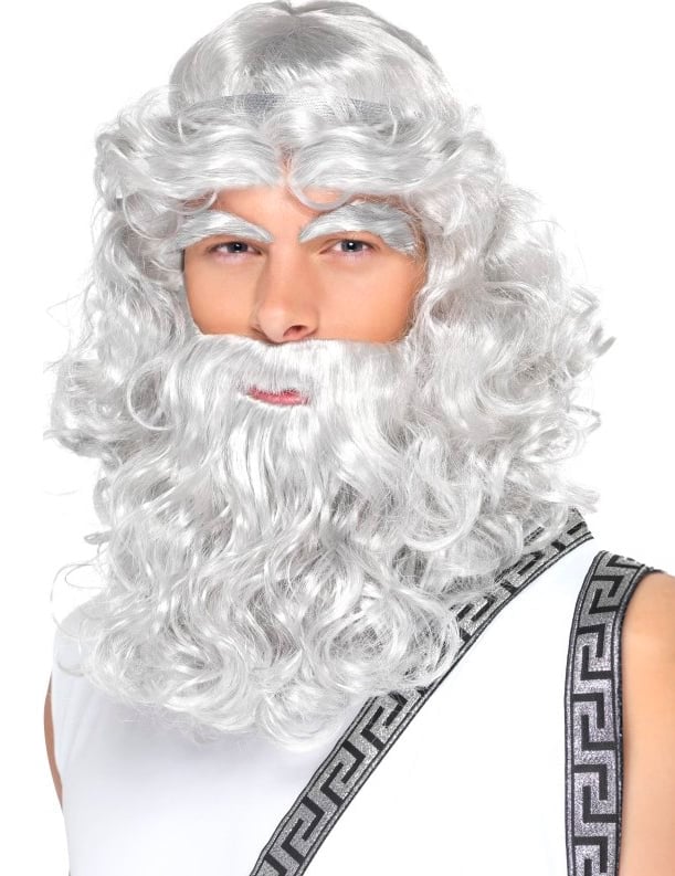 Perruque Zeus pour homme blanche bouclée avec barbe et sourcils