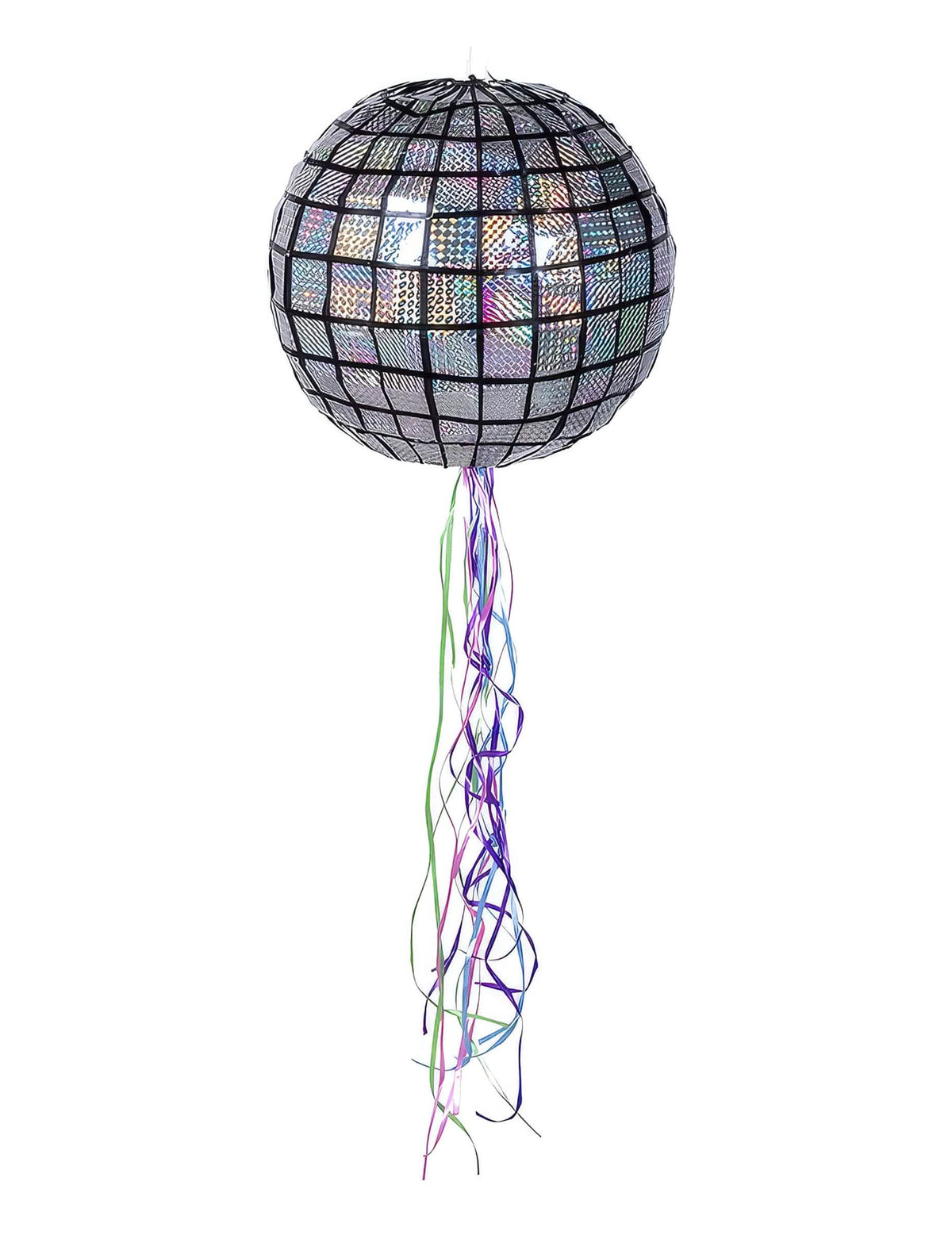 Piñata bola de discoteca plateada con cintas de colores