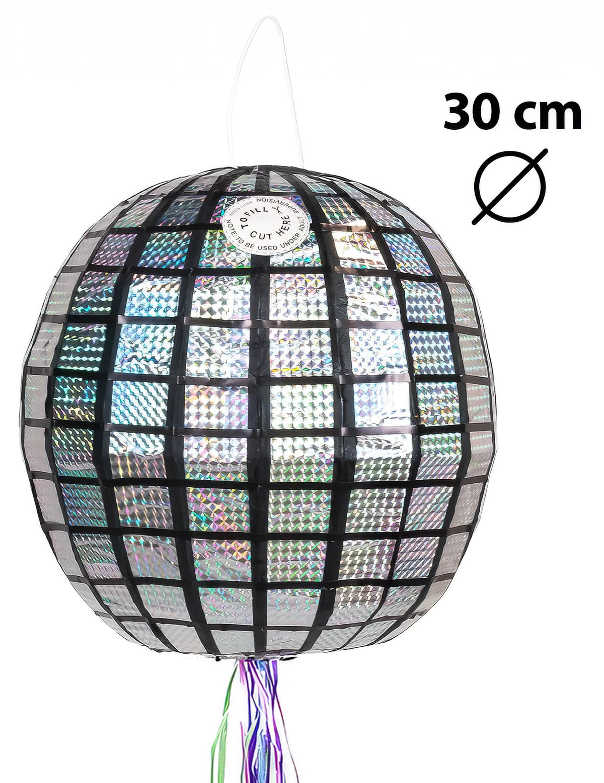 Dimensiones y sistema de sujeción de la piñata bola de espejos disco