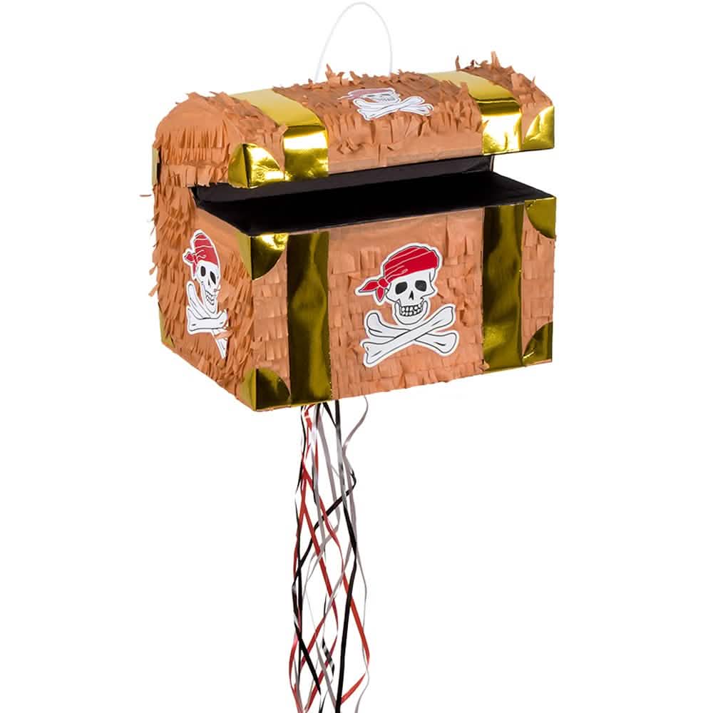 Piñata cofre del tesoro de pirata para niño marrón y dorado con calavera