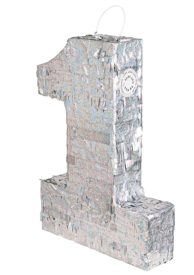 Piñata chiffre 1 pour fête holographique argent