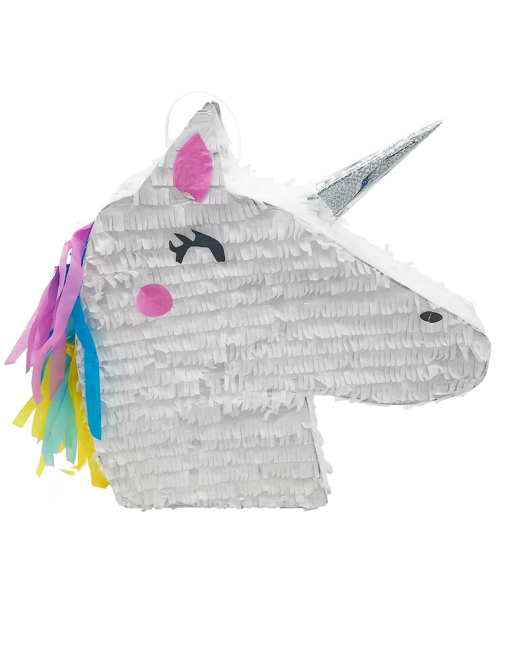 Piñata tête de licorne kawaï blanche avec crinière arc-en-ciel et corne argentée