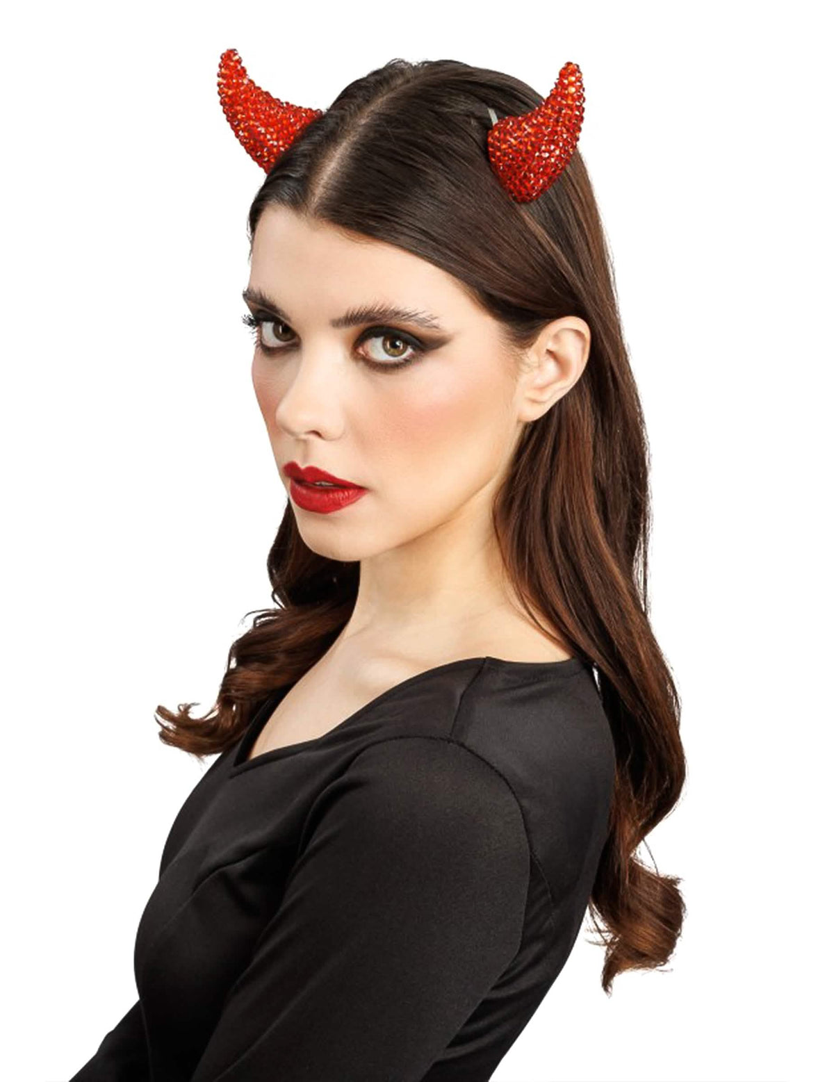 2 Pinzas para el pelo cuernos de diablo con strass rojos