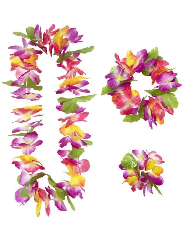 Collier, couronne et bracelet du set hawaï à fleurs pour adulte