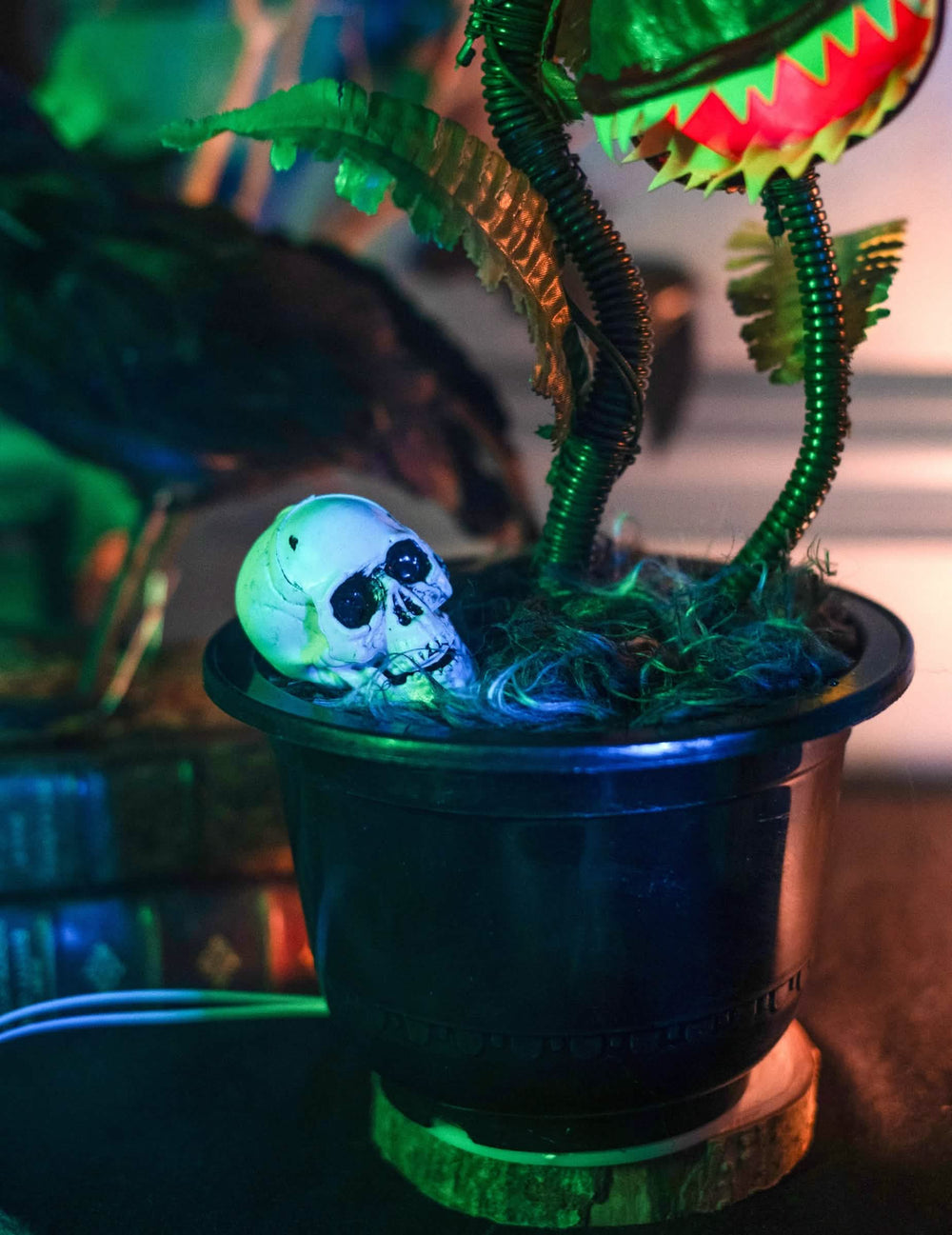 Detalle del cráneo en la maceta de la planta carnívora animada decoración de halloween