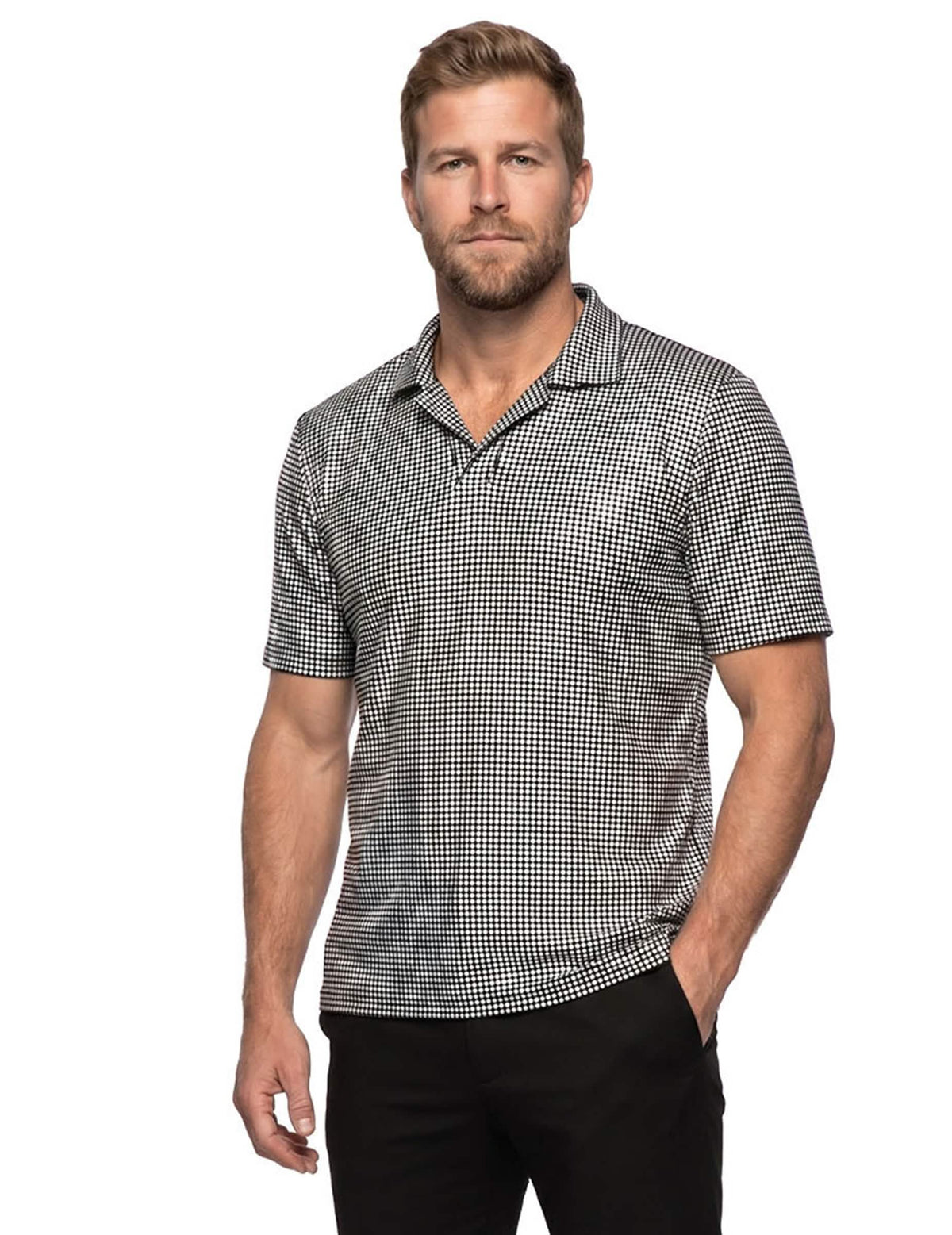 Polo disco de lentejuelas plateadas de lujo para hombre