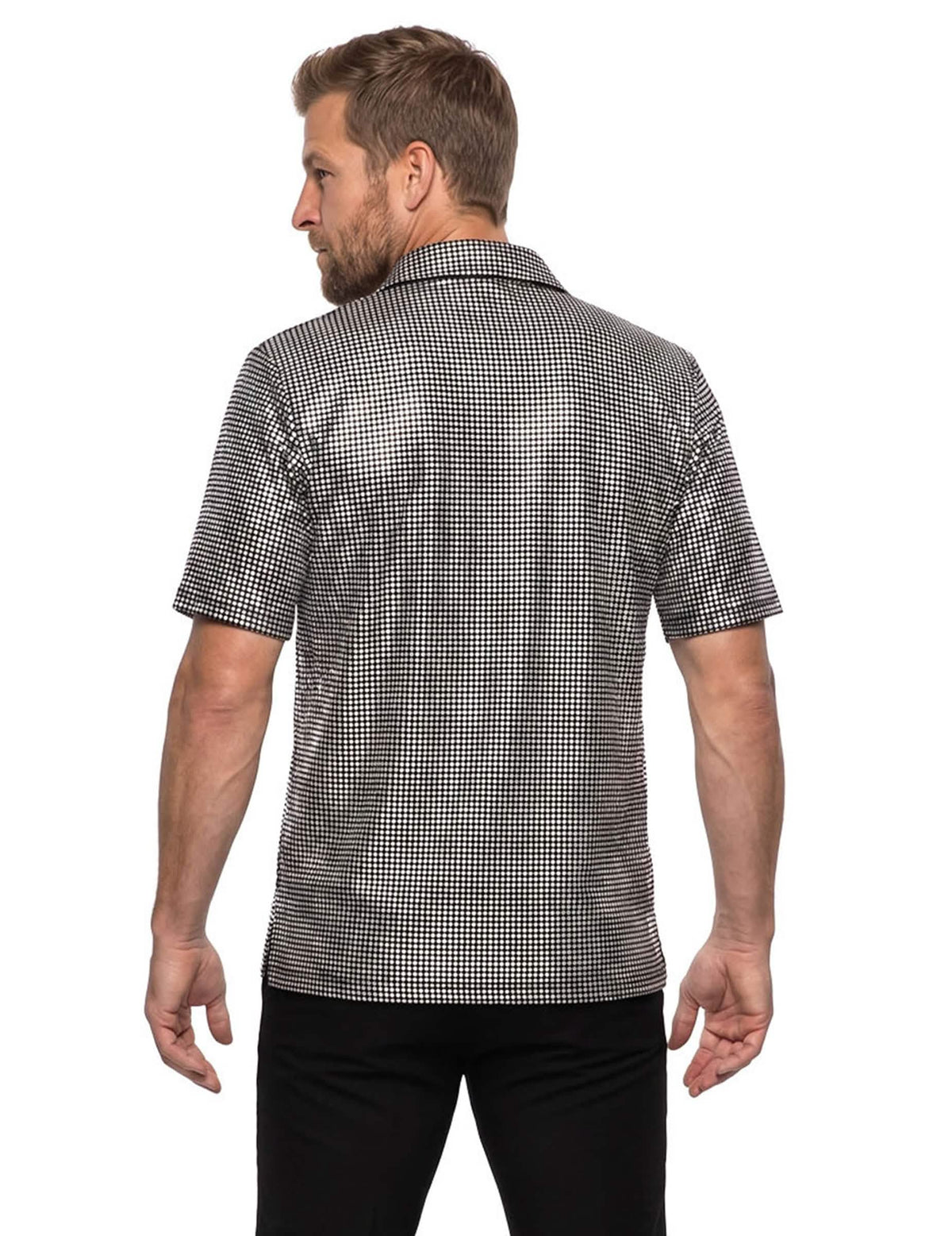 Polo disco de lentejuelas plateadas de lujo para hombre