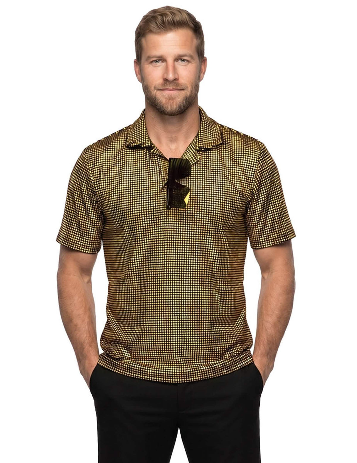 Polo disco de lentejuelas doradas de lujo para hombre