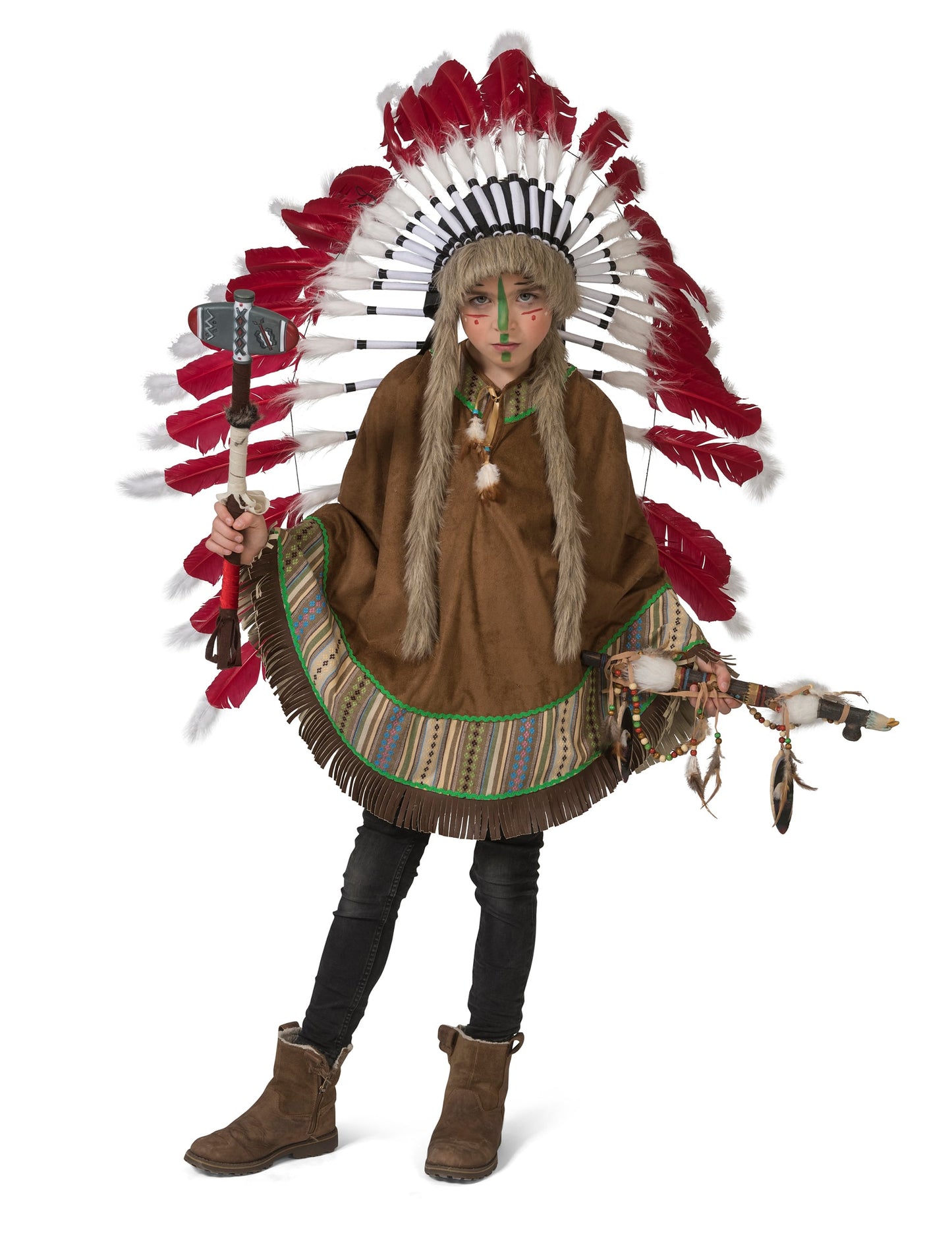 Poncho indien pour enfant marron avec franges et liseré coloré
