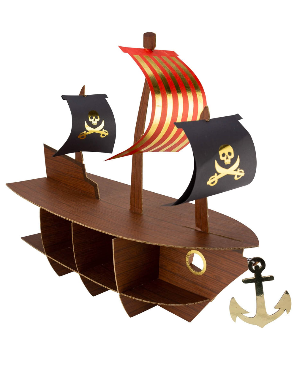 Présentoir bateau pirate pour gâteaux marron avec dorures et voiles rouges