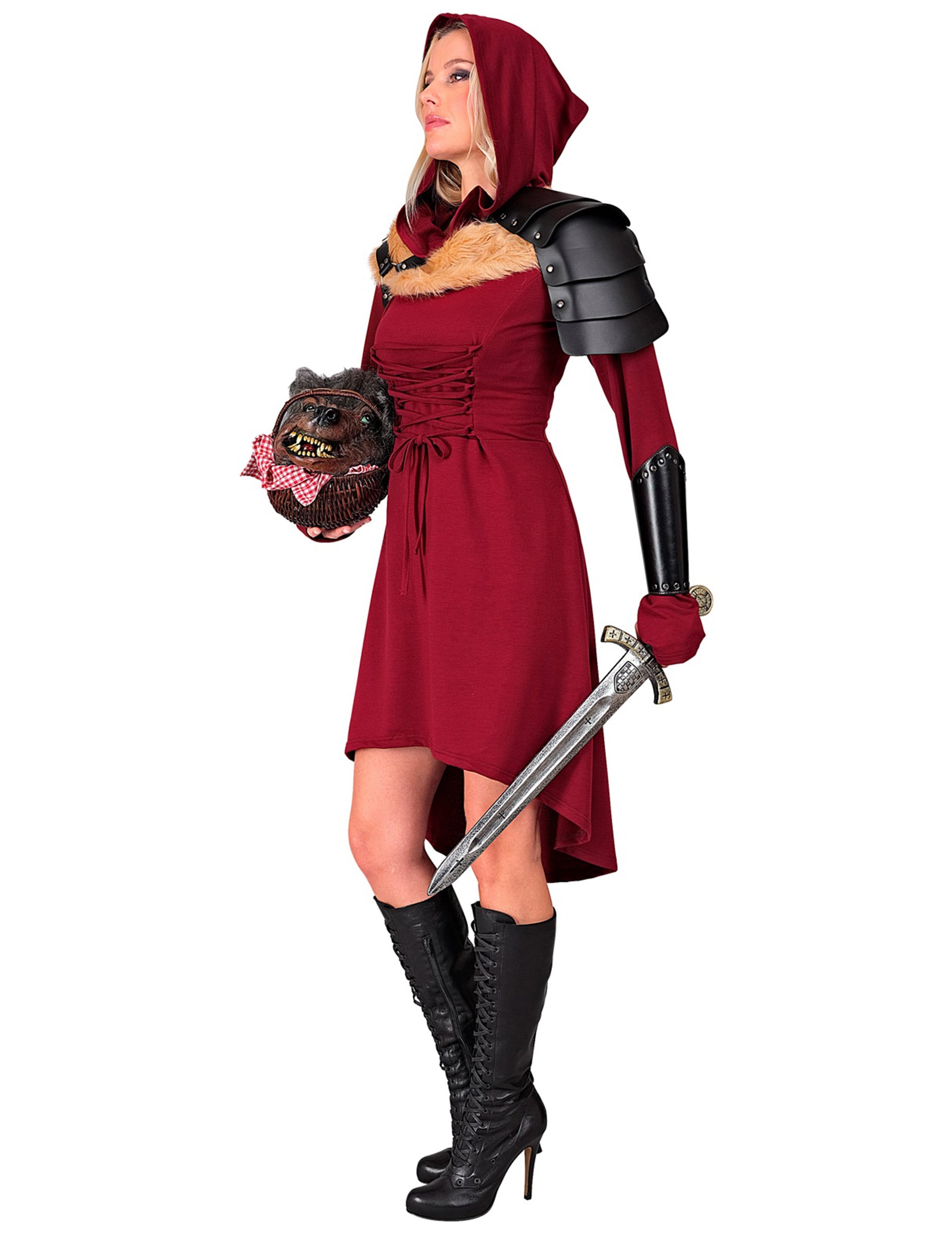 Vue de profil de la robe gothique médiévale pour femme rouge