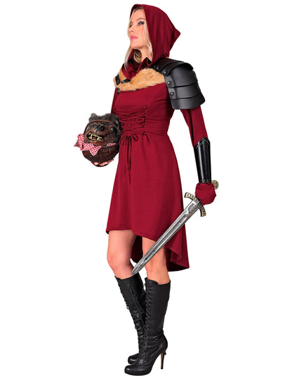 Vue de profil de la robe gothique médiévale pour femme rouge