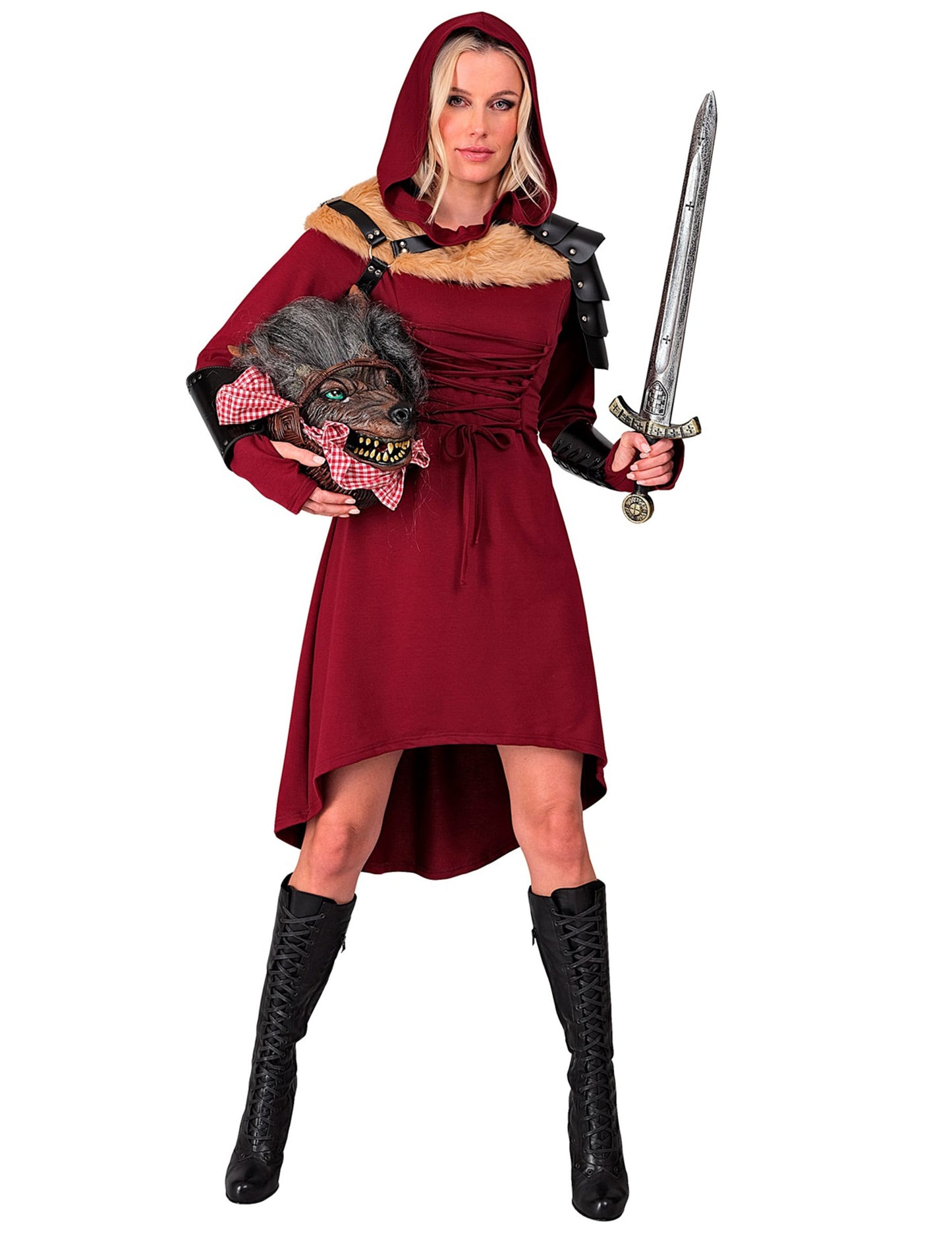 Robe gothique médiévale pour femme rouge avec capuche et fausse fourrure