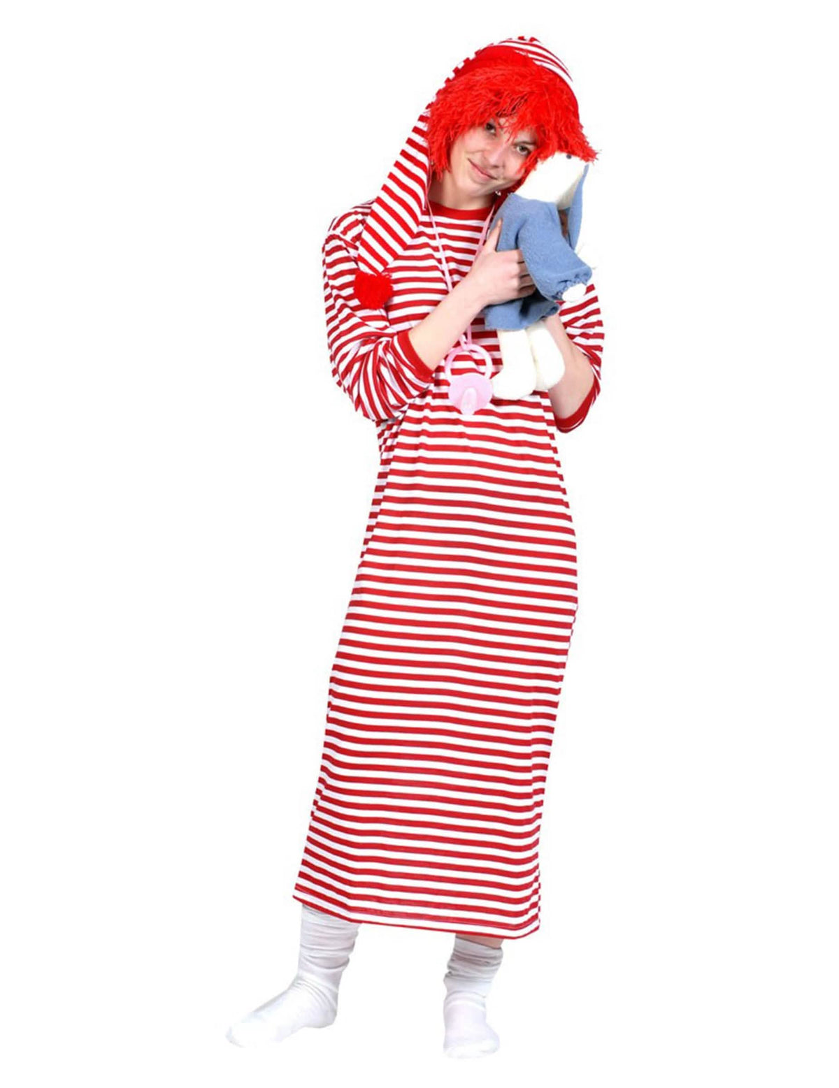 Vista con gorro de dormir y accesorios del vestido largo a rayas rojas y blancas